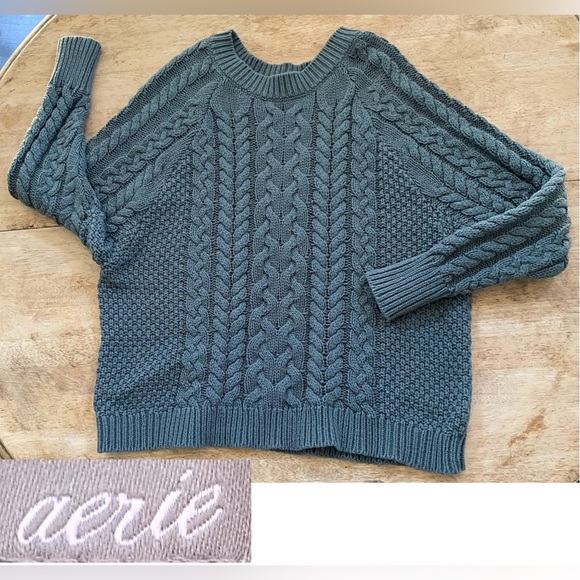 Aerie Women’s Sz M Sage Green Cotton Blend‎ Crew Neck Cable Knit Sweater - Picture 1 of 11